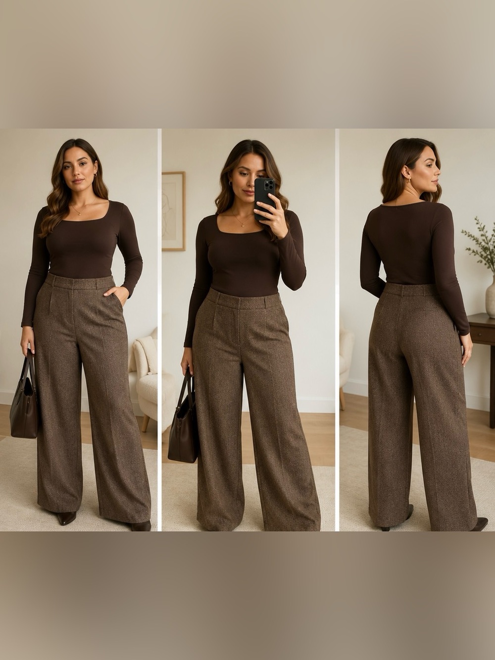 Larry Levine Woman Brown Herringbone Wide Leg Trouser Pants 16W